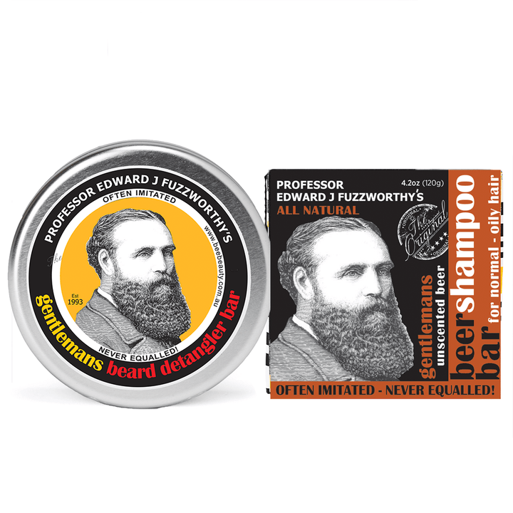 Essentials Beard Kit - Beard Shampoo Bar, Conditioner Bar & Soap Holder Beard Care Professor Fuzzworthy Unscented Beer 